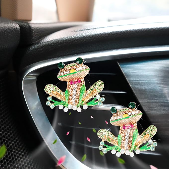 ORIESSE Frog Car Accessories, 2pcs Bling Tree Frog Air Vent Clips Car Air Fresheners,Cute Red Bow Tie Colorful Rhinestones Frog Car Decor,Refillable Diffuser