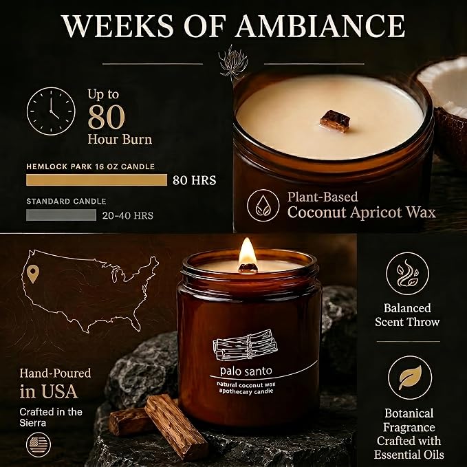 Hemlock Park Palo Santo Apothecary Scented Candle | Crackling Wood Wick, Botanical Fragrance & Coconut Apricot Wax | Up to 80 Hour Burn Time | 16 oz | Made in USA