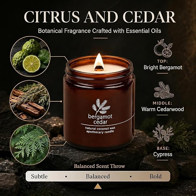 Hemlock Park Bergamot Cedar Apothecary Scented Candle | Crackling Wood Wick, Botanical Fragrance & Coconut Apricot Wax | Up to 80 Hour Burn Time | 16 oz | Made in USA