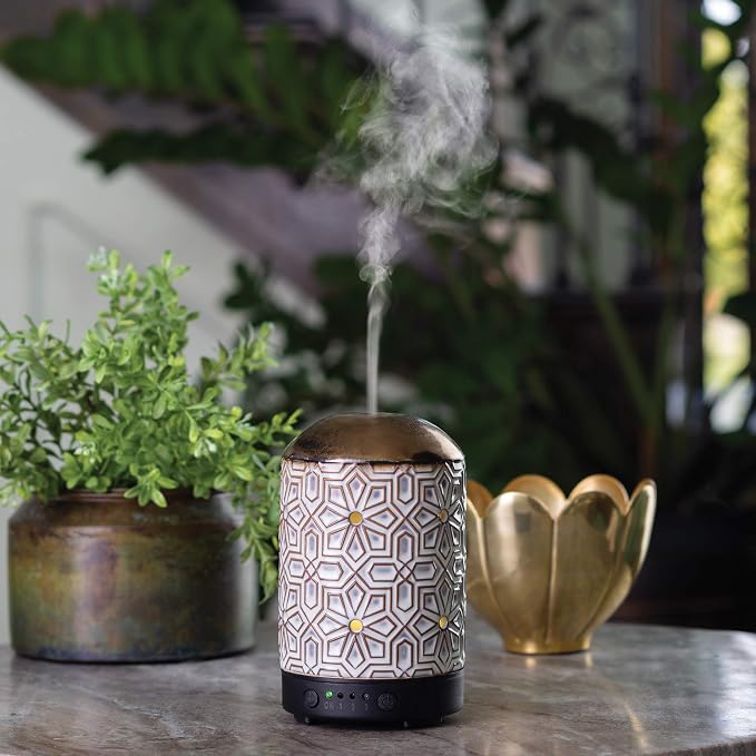 Airome Ceramic Essential Oil Diffuser with Timer|100 mL Humidifying Ultrasonic Aromatherapy Diffuser 8 Colorful LED Lights, Two Mist Modes, Timed Shut-Off, Geometric