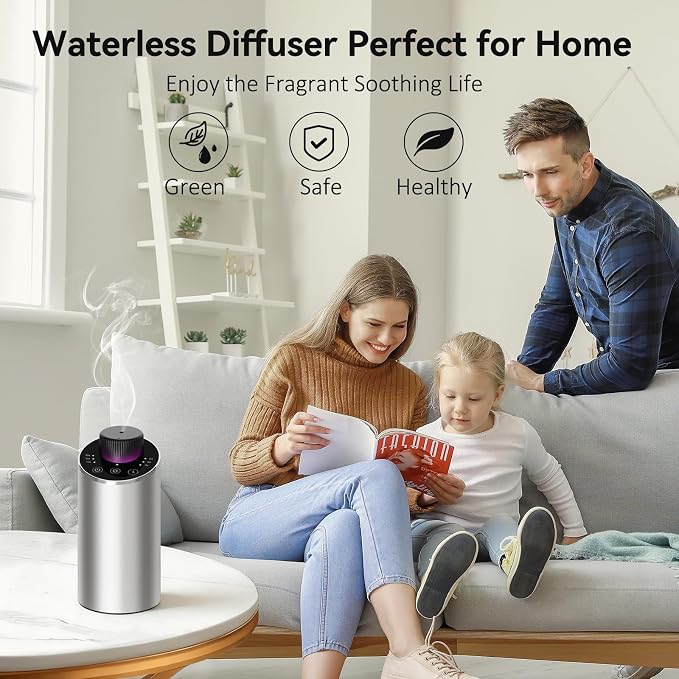 Waterless Essential Oil Diffuser Aromatherapy Scent Diffusers for Home Large Room, Bedroom, Car, Office, Desk, Battery Operated Mini Portable Air Freshener, 3 Countdown Timers & 3 Mist Levels, Silver