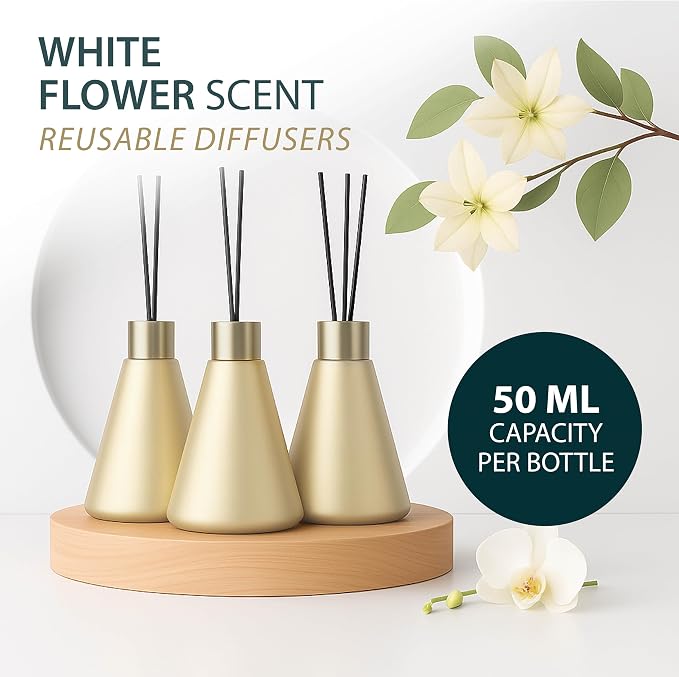 Mega Handles Reed Diffuser Sets (50ml) - 3 Pack White Flower Scent Bathroom Diffuser, Elegant Reed Diffuser for Shelf Decor, Decorative Air Freshener for Large Rooms - Satin Brass