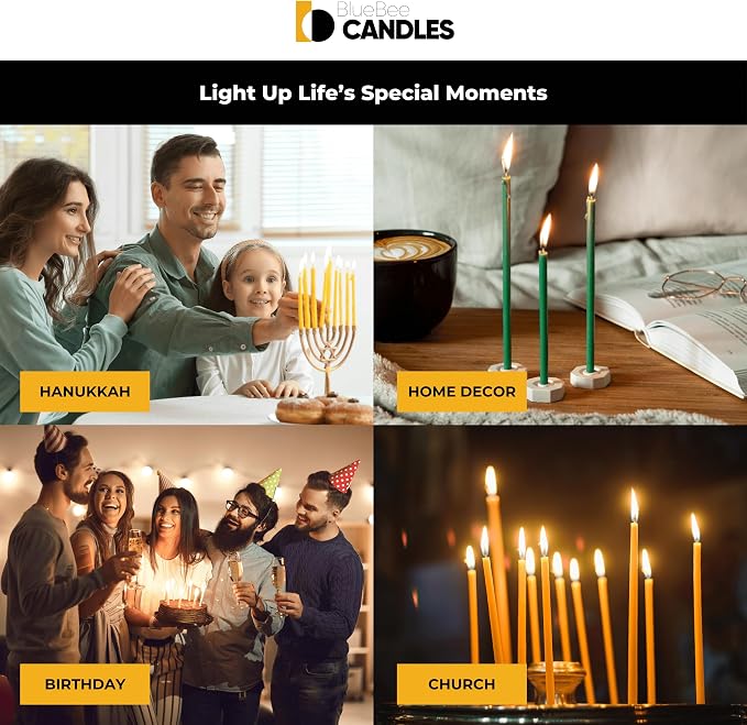 BlueBee Pure Beeswax Candles Bulk for Home -100pcs Tall Thin Taper Candles + 4 Holders, Honey Scent, Smokeless, Long-Burn, All Natural for Church Prayer, Hanukkah, Birthday Cake, Christmas Advent