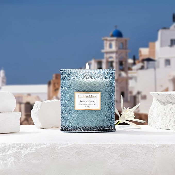 LA JOLIE MUSE Santorini Salt Air Scented Candles for Home, 19 oz Soy Wax | Large Jar Luxury Candle, Clean Natural Non-Toxic, Fresh Summer Ocean Blue Candle, Gifts for Women & Men, Wood Wick, Bergamot