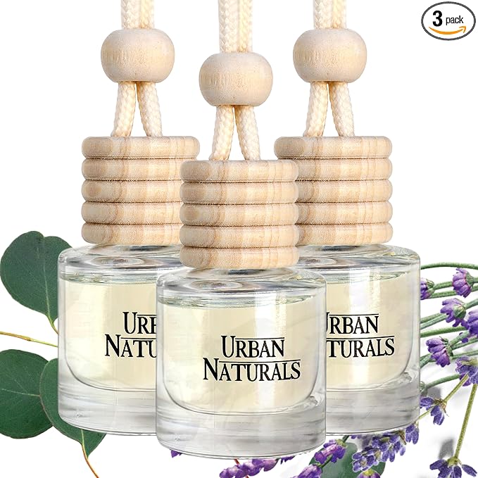 Urban Naturals Car Air Freshener Diffuser 3 Pack - Eucalyptus Lavender Scent, 45+ Days Long Lasting Fragrance, Made in USA, Glass & Wood, Hanging Design + Vent Cip, Easy to Use