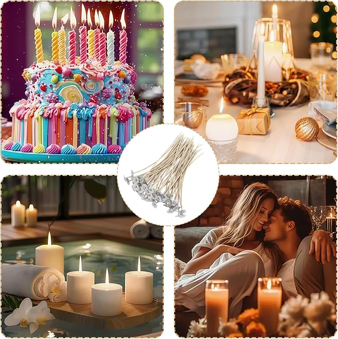 Candle Wicks Kit - 50pcs 8 Inch Natural Candles Wicks with 10pcs Wooden Holders 120 Pcs Wick Stickers for Soy Wax Beeswax Coconut Wax Candle Making Supplies