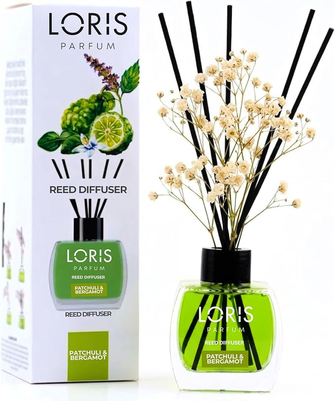 Loris Patchouli & Bergamot Reed Diffuser Set with Dried Flowers | Reed Diffusers for Home with Sticks | Bathroom Diffuser & Room Scent | Long-Lasting Home Fragrance | 120 mL / 4.06 fl oz