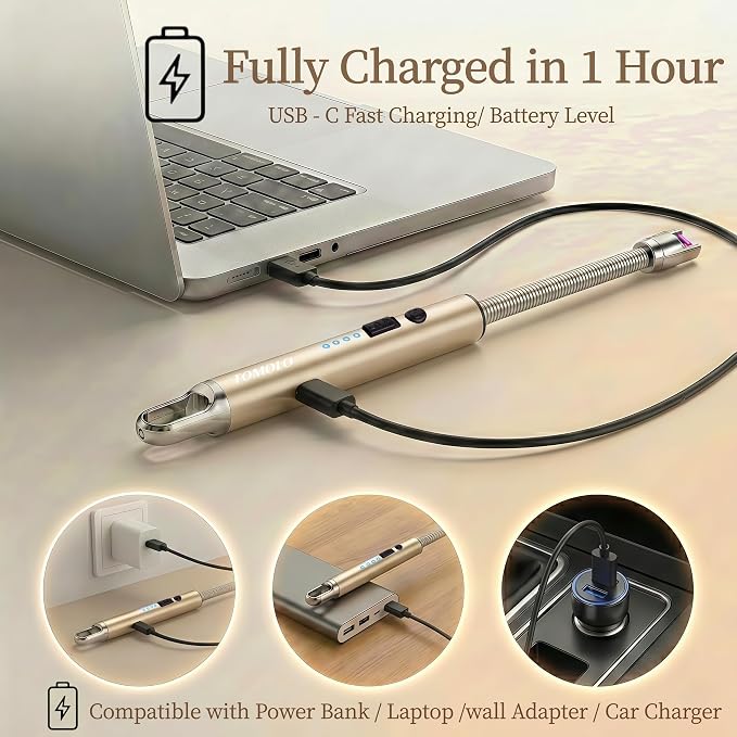 TOMOLO Electric Candle Lighter, Long Flexible Neck Lighter with Safety Switch, Windproof Plasma Flameless USB Rechargeable Lighters for Candles, Grill, Camping & Gas Stove, 2-Pack (Black & Champagne)