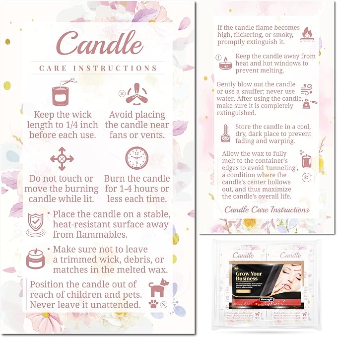 200 pack - Premium Handmade Candle Care Instruction Cards White 2x3.5 in, Small Business | Soy Bees Wax Melt, Candle Makers, Making Supplies Kit Set, Containers, Jars, Pot, Package
