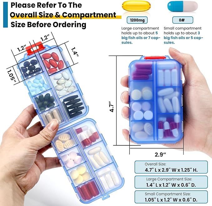 14 Grids Travel Pill Organizer Box with 415-Pcs Medicine Name Labels - Pocket Daily Pharmacy Case Container Kit - Travel Medication Holder Dispenser for Fish Oil Vitamin Supplement Storage -Clear Blue