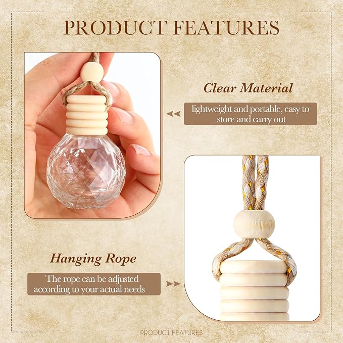 BBTO 50 Pcs Hanging Car Air Freshener Car Diffuser Bottles Empty Glass Perfume Bottle Freshener Diffuser Bottle Pendant for Essential Oil Fragrance Aromatherapy Ornament(Round Diamond)