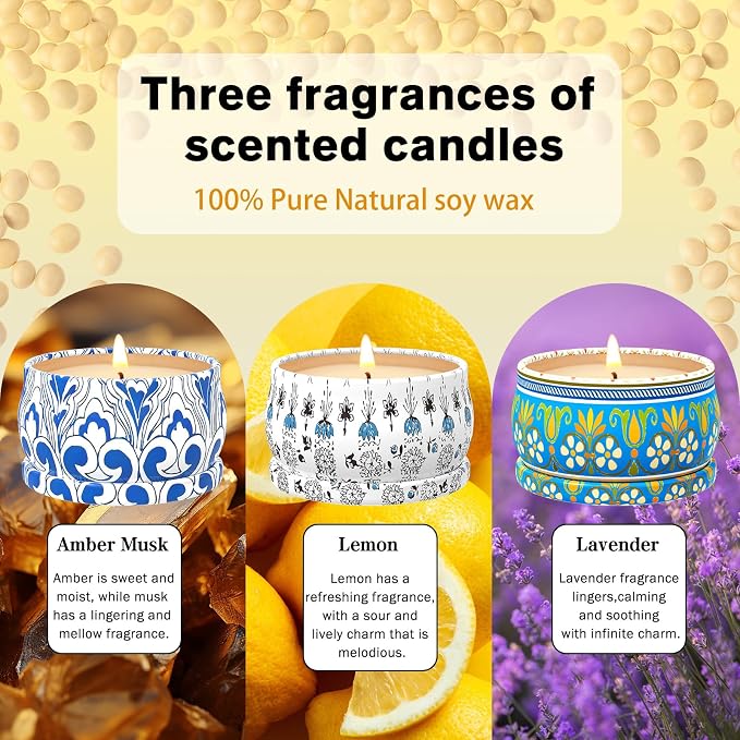 Scented Candles Gift Set, 3 Pack Candles for Home Scented, Long Lasting Soy Wax Aromatherapy Candle Set, Gifts for Women with Gift Box, Baby Shower Prizes, Lemon.Lavender.Amber Musk