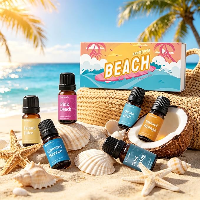 Beach Essential Oils Set, Aromtopia Diffuser Fragrance Oils for Home, 6x10ml Summer Essential Oils for Candle Soap Making, Pink Beach, Ocean Drift, Coastal Breeze Scents and More