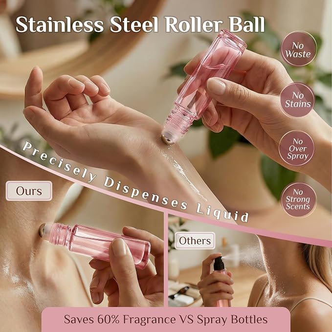 PrettyCare 24 Pack, 10 ml Essential Oil Roller Bottles with Stainless Steel Roller Ball - Refillable Leak-proof Empty Thick Pink Glass Roll on Bottles with Pink Caps for Travel, Perfume