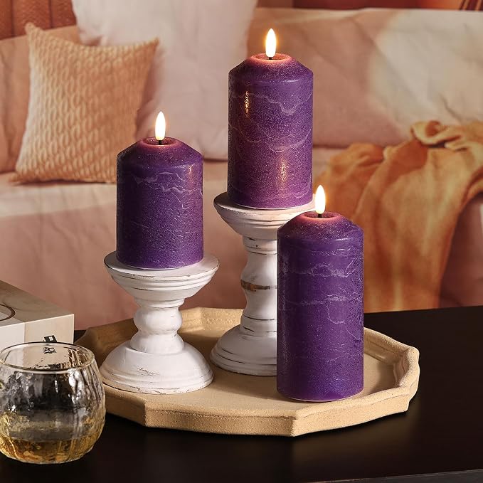 Purple Flameless Pillar Candles with Remote, Real Wax Christmas LED Candles Battery Powered Flickering Set of 3