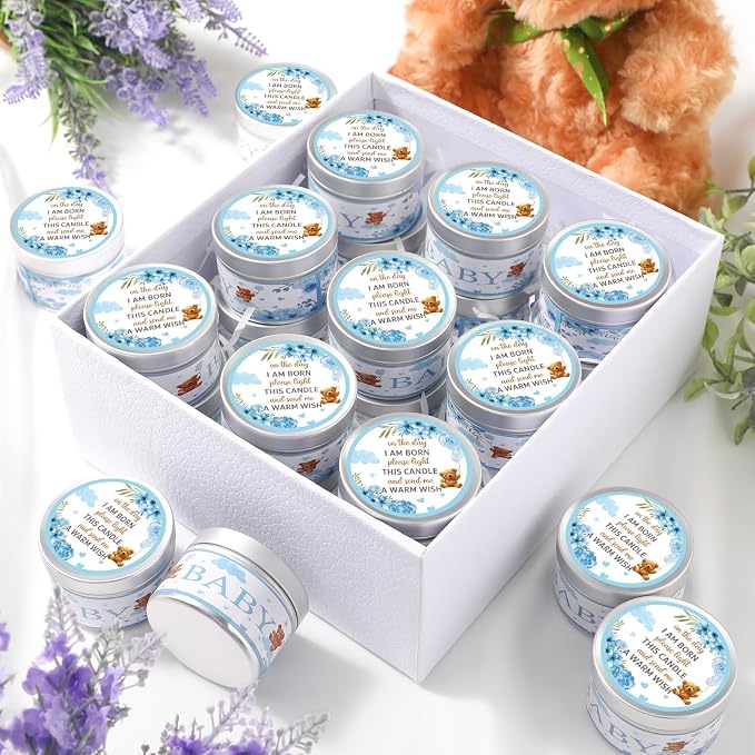 MTLEE 24 Pcs Bear Baby Shower Party Favors Candles Lavender Scented Baby Shower Favors for Guests Rustic Tealights Candles Gender Reveal Return Gifts (1.2 oz, Blue)