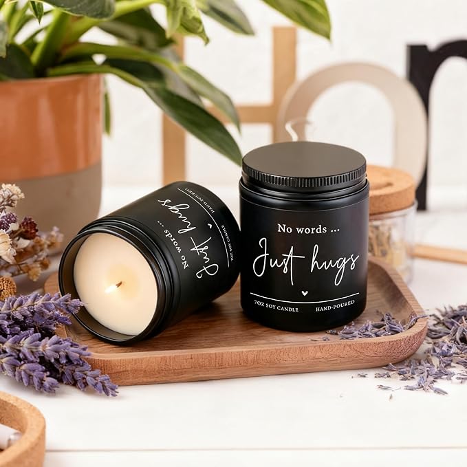 Shqiueos Sympathy Gifts for Loss of Loved One-No Words Just Hugs Lavender Scented Candle, Bereavement Gift Idea, Memorial, Grief, Thinking of You, Get Well, Comfort Condolence Gift (Black)