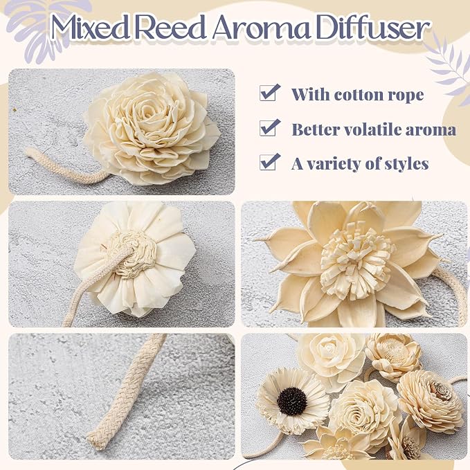 Waydress 15 Pcs Mixed Reed Diffuser Sticks Flowers, Wood Flower Diffuser Reeds Refill with Rope, Sola Reed Diffusers Set for Bathroom, Bedroom, Home Decor(1.57-3.15 Inches,Classis)