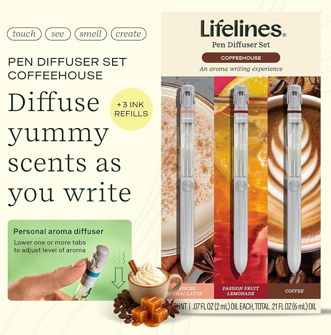 Lifelines Pen Diffuser Set, Coffeehouse 3-Pack - 1mm Black Ballpoint Pens with Scented Essential Oil Blends – Aromatherapy Diffuser & Sensory Immersion Diffuse Aroma As You Write