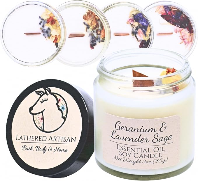 Geranium & Lavender Sage Essential Oil Candle 3 oz, Hand Crafted Pure Soy Wax Candle Wooden Wick, Dried Flowers, 23 Hour Burn Time, Natural Aromatherapy Glass Jar Candle with Lid by Lathered Artisan