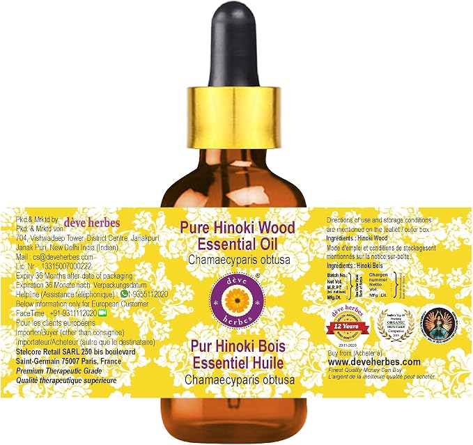 dève herbes Hinoki Wood Essential Oil (Chamaecyparis obtusa) with Glass Dropper | Pure | Non-Sticky | Non-Greasy | Lightweight | Men & Women | All Skin Types | Steam Distilled 5ml (0.16 oz)