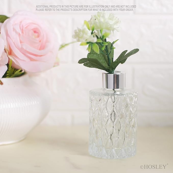 Hosley Set of 4 Mid Century Modern Glass Diffuser Bottles 4 Inch High. Ideal for Use with Essential Oils Replacement Diffusers Reed Sticks Diy Crafts O3 Silver