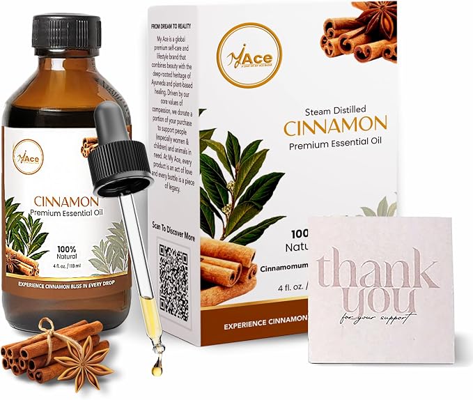 My ACE Cinnamon Essential Oil 4 Fl Oz - 100% Pure & Natural - Premium Grade for Aromatherapy, Diffuser, Skin, Hair, Massage, Candle & Soap Making, Home - Glass Bottle with Dropper - Long Lasting Scent