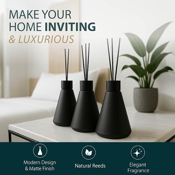 Mega Handles Reed Diffuser Sets (50ml) - 3 Pack White Flower Scent Bathroom Diffuser, Elegant Reed Diffuser for Shelf Decor, Decorative Air Freshener for Large Rooms - Matte Black