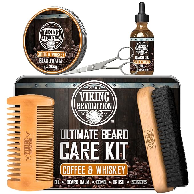 Viking Revolution - Ultimate Beard Kit Coffee and Whiskey - Beard Grooming Kit for Men with Beard Brush, Beard Comb, Beard Balm, Beard Oil, Beard and Moustache Scissors - Husband Gifts for Men