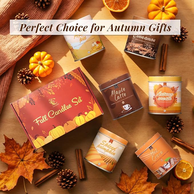 6Pack/54oz Non-Toxic Scented Candle Set, Fall Winter Candles, Decorative Holiday Candles for Women Men, 9oz Apple/Cinnamon/Pumpkin/Vinilla/Cocoa/Maple Soy Christmas Scented Candle for Holiday Gifts