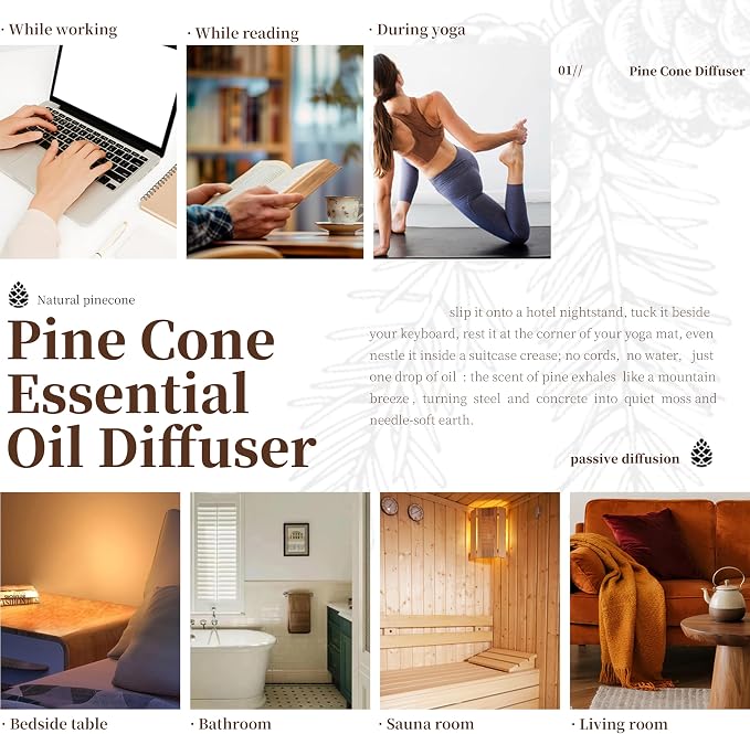 Passive Essential Oil Diffuser - Pinecone & Wooden Base Wood Diffuser for Essential Oils, Mini Aromatherapy Diffuser, Small Passive Diffusers for Home, Office, Desk & Car Decor (4)