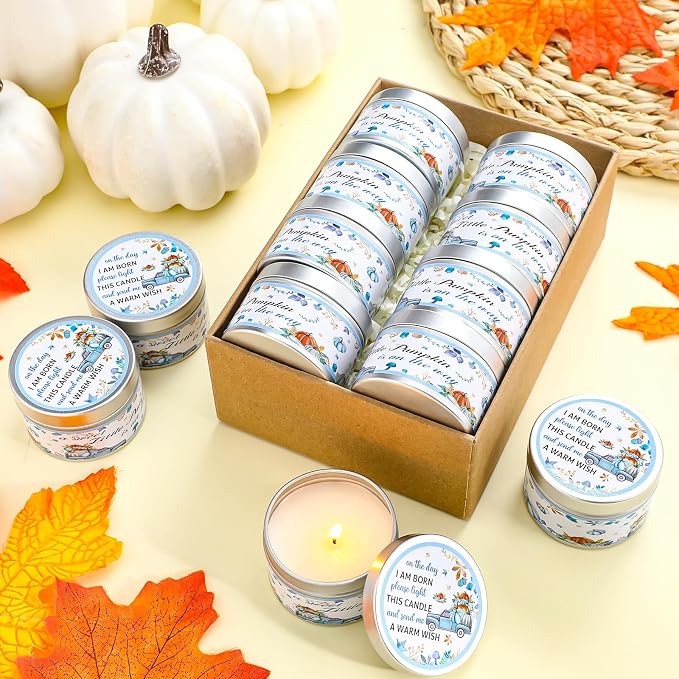 MTLEE 24 Pcs Thanksgiving Little Pumpkin Baby Shower Party Favors Candles Lavender Scented Baby Shower Favors for Guests Rustic Tealights Candles Gender Reveal Return Gifts(Blue, 1.2 Oz)
