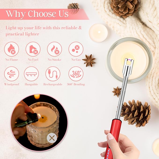 Electric Lighter, Candle Lighter Flameless Windproof with 360° Flexible Neck & LED Power Display, Type C Arc Rechargeable Lighters for BBQ, Camping, Cooking, Gift for Christmas, Thanksgiving, Birthday