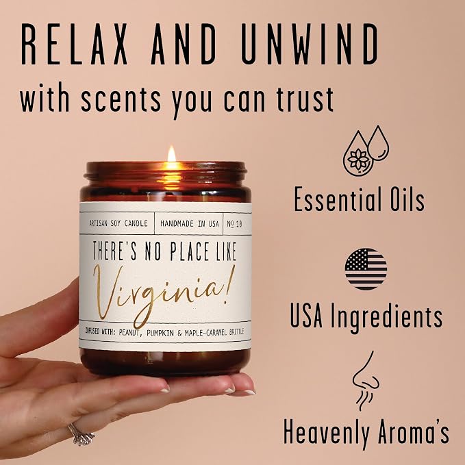 Virginia Gifts, Virginia Decor for Home - 'There's No Place Like Virginia Candle, w/Pumpkin, Peanut & Maple Brittle I Virginia Souvenirs I Virginia State Gifts I 9oz Jar, 50Hr Burn, USA Made