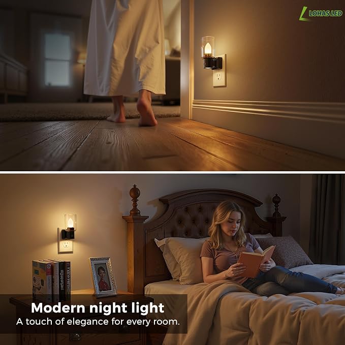 L LOHAS LED Candle Night Light, Flameless Candle Nightlight Plug in, 350°Rotating Dusk to Dawn Sensor Dimmable Night Light,Vintage Decorative Night Lights for Hallway Bathroom, 2 Pack