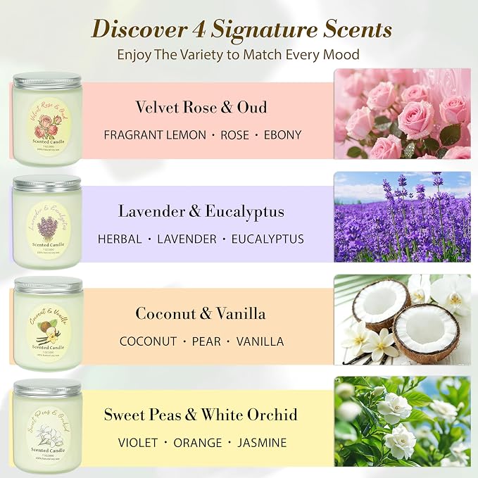 Scented Candles Gift Set 4 Pack, Soy Wax Aromatherapy Candles with Lavender Rose Coconut Vanilla, Long Lasting 200 Hours Burn, Non Toxic Home for Birthday Bath, Relaxation,Mothers Day, Gifts for Women