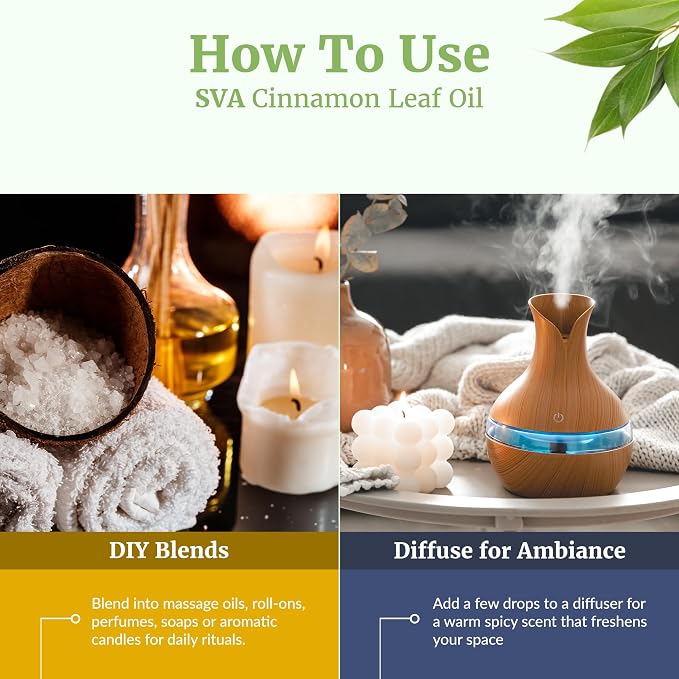 SVA Cinnamon Leaf Essential Oil 4 Fl Oz – for Diffuser, Skin & Hair Care – Ideal for Massage & DIY Blends – with Dropper