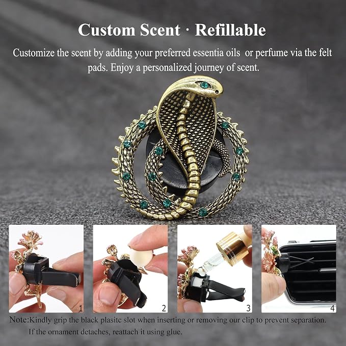ORIESSE Air Vent Clips,1pc Cobra Car Air Freshener Vent Clip,Snake Badges Decals Car Accessories,Exotic Vintage Gold Alloy Rhinestone Vehicle Decorations for Jeep Truck