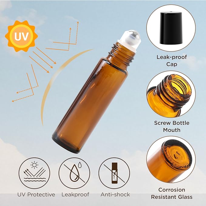 Essential Oil Roller Bottles, 10ml Thick Glass Perfume Roller Bottles with Funnel Opener and Dropper Colored Glass Empty Bottles with Stainless Steel Roller Balls (Brown - black cover, 12 Pack)