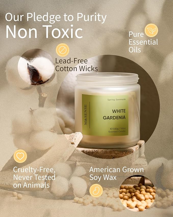 M&SENSE White Gardenia Scented Candle, 11.6oz Natural Soy Wax Non Toxic, 70-Hour Long Lasting Burn Time, 2-Wick Aromatherapy Gifts for Her, Spring Home Refresh & Romance