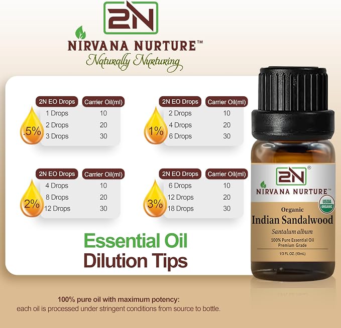Indian Sandalwood Essential Oil, USDA Certified Organic, 100% Pure Undiluted, Aromatherapy Oil for Diffuser, Hair & Skin Care