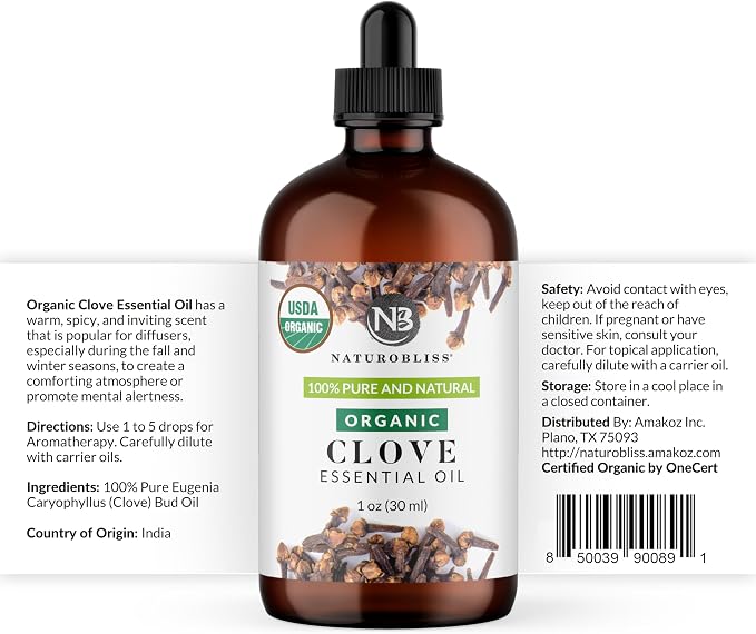 NaturoBliss Organic Clove Essential Oil 1 oz – 100% Pure, Natural, Undiluted for Toothache, Sore Muscles, Skin & Hair Care - Soothing Clove Bud Oil for Aromatherapy, Warm Spicy Aroma