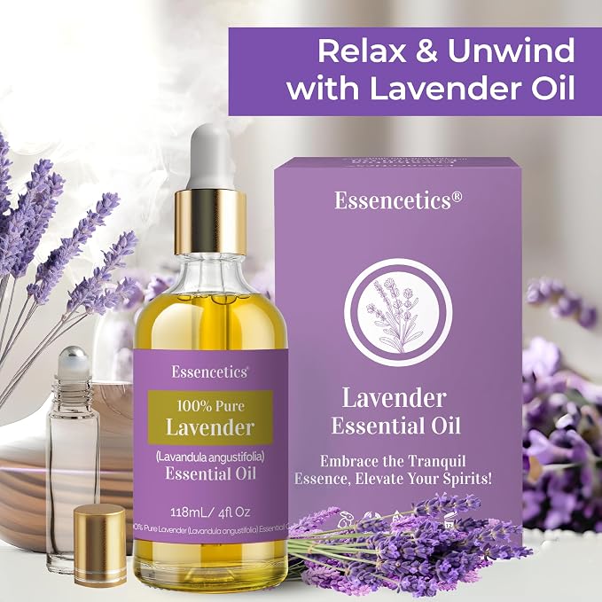 Organic Lavender Essential Oil for Diffuser 4oz - 100% Natural - Therapeutic Grade Pure & Organic Lavender Oil for Aromatherapy Skin Hair & Diffuser