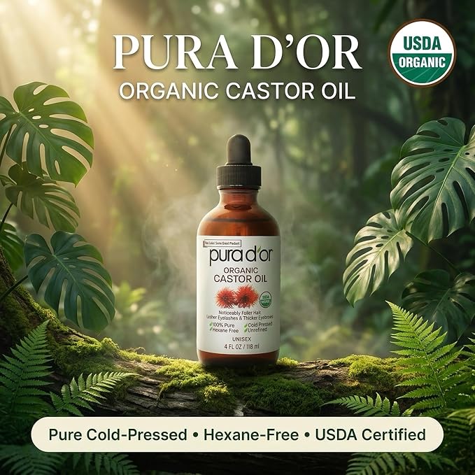 PURA D'OR Organic Castor Oil – Pure Cold-Pressed, Hexane-Free, USDA Certified - Hair, Lashes, Brows, Scalp, Skin: Supporting Softness, Strength, Hydration, Shine & Radiance 4 Oz Hair Regrowth Tonic