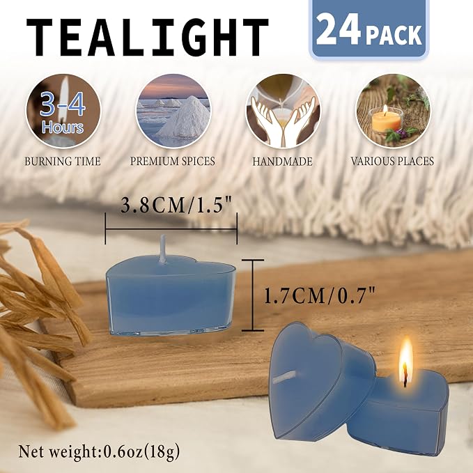 Sea Salt Scented Heart Tealight Candles, Dark Blue Scent Tea Lights Candles Clear Cup, 24 Pack Colored Tealights Candle, 4 Hour Burn Time Tea Candles for Weddings Romantic Decor