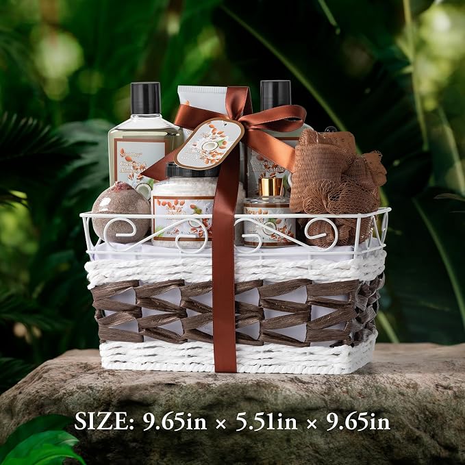 Coconut Almond Spa Gift Basket for Women & Men, Skin Care Set, Bath & Body | Self Care Pamper Kit, Home Spa Kit, Diffuser, Bath Bomb, Birthday, Christmas, Valentines, Mother Day, Father Day, Anniversary