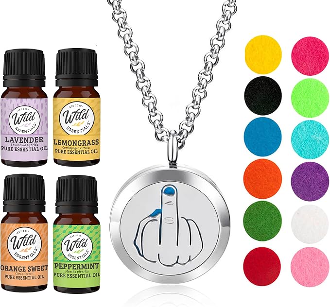 Wild Essentials Middle Finger Necklace Essential Oil Diffuser Kit, Lavender, Lemongrass, Peppermint, Orange Oils, 12 Refill Pads, Calming Aromatherapy Gift Set, Customizable Color Changing, Perfume