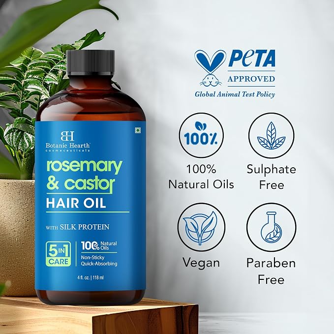 Botanic Hearth Hair Oil for Hair Growth | Strengthening Dry, Frizzy, Damaged Hair & Scalp Treatment | No Parabens or Harmful Sulfates | All Hair Types | Rosemary Castor Hair Oil - 4 Fl Oz