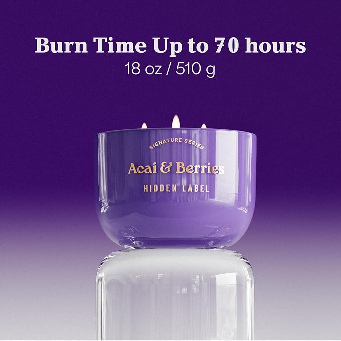 Hidden Label Acai & Berries Scented Candle, 18oz 3 Wick Large Soy Wax Candle, 70 Hour Burn | Non Toxic Aromatherapy Candle for Home, Mood Boost & Energy | Luxury Candle Gift for Women and Men
