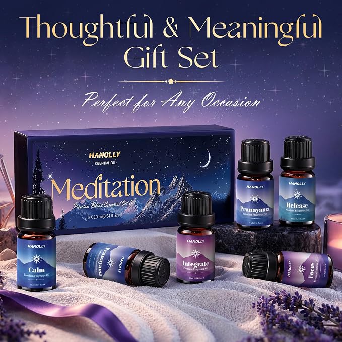 Meditation Essential Oils Set - Top6 Fragrance Oil Aromatherapy Essential Oils Kit for Diffuser, Waterless Diffuser, Candle Making - Ground, Calm, Pranayama, Focus, Release, Integrate Scents
